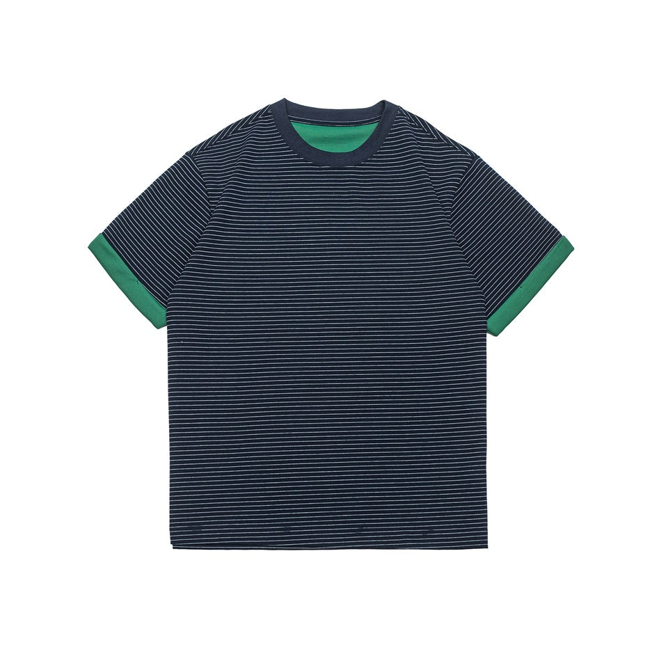 Navy striped crew-neck short-sleeve T-shirt with green contrast cuffs and green inner neck, flat front view
