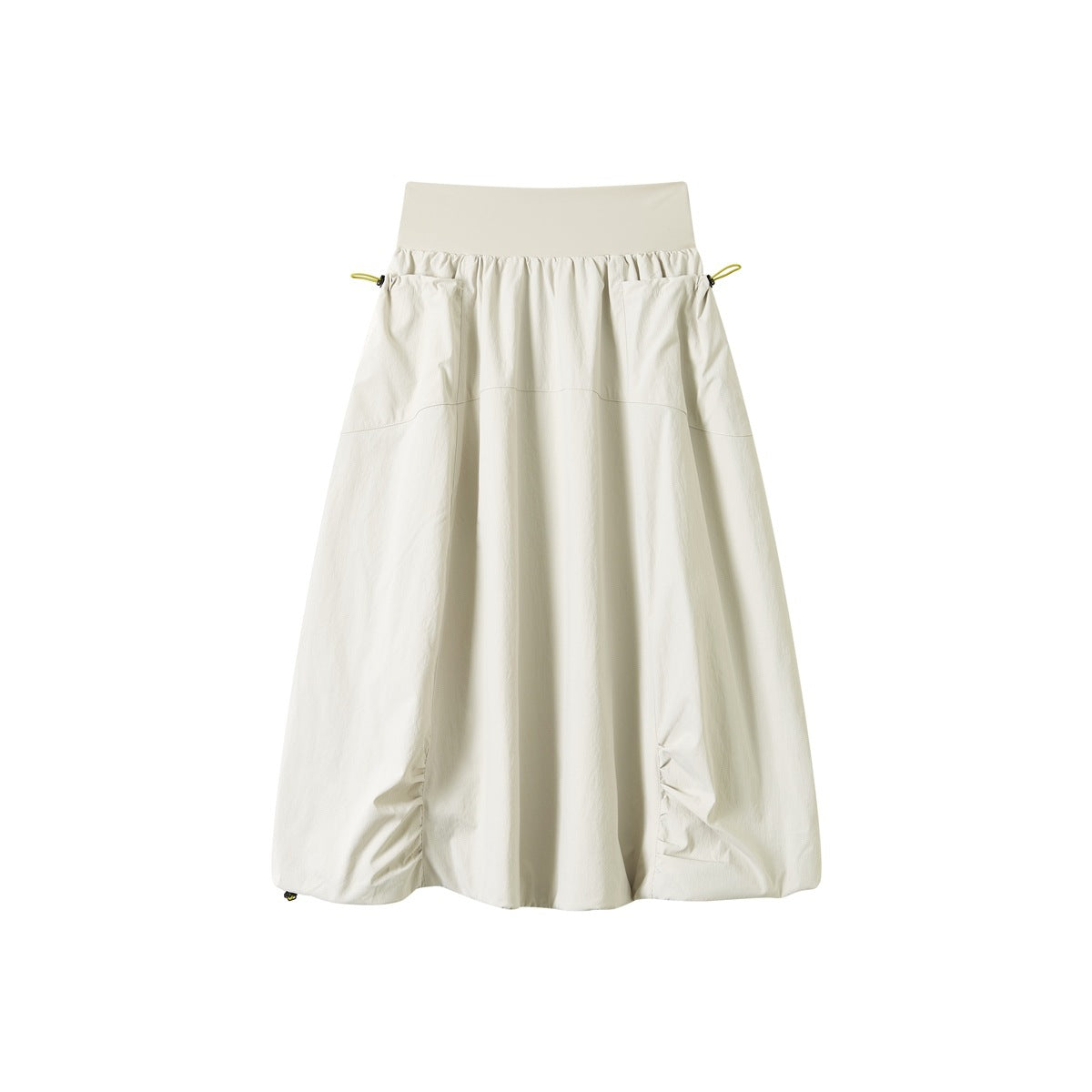 Beige balloon midi skirt with wide waistband, front pockets, yellow drawstring toggles and ruched hem, flat view