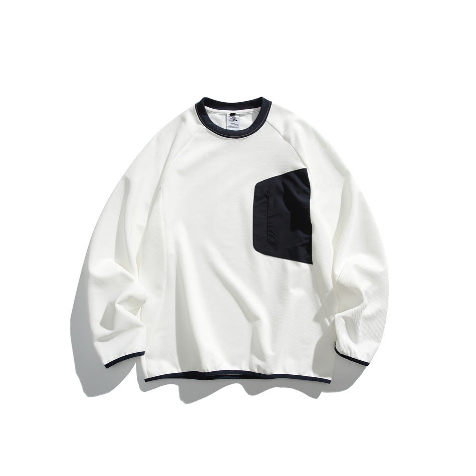 White crew-neck sweatshirt with navy trim and a black chest pocket, flat lay front view