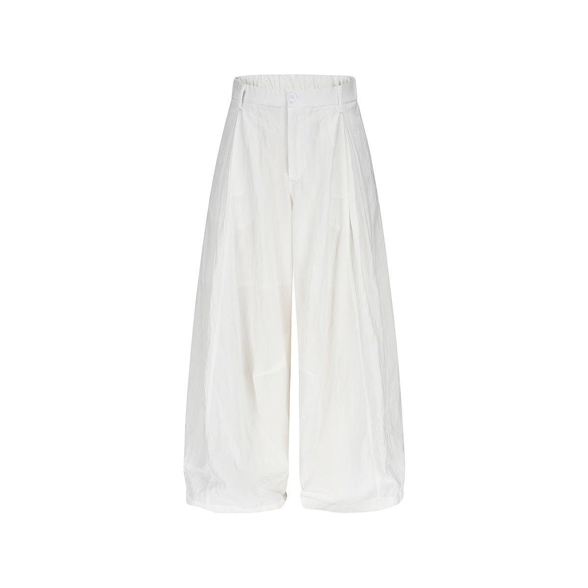 White wide-leg pleated pants, front view, with button closure and crinkled fabric texture