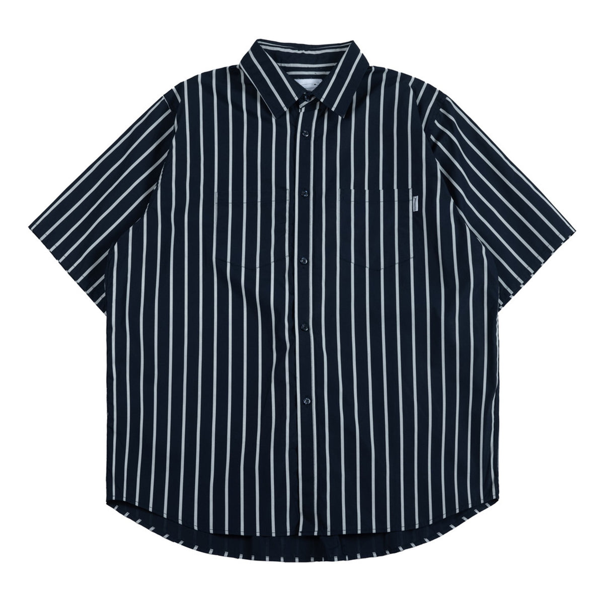Navy short-sleeve button-up shirt with light vertical stripes and two chest pockets, flat lay front