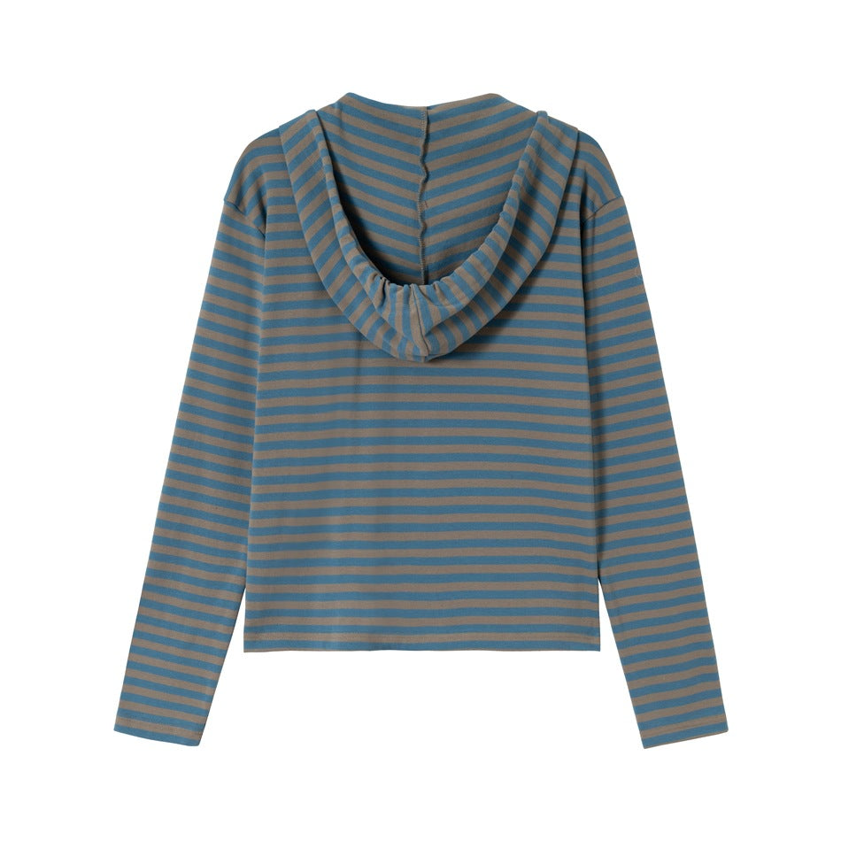 Back view of a blue and taupe striped hooded long-sleeve top, laid flat against a white background.