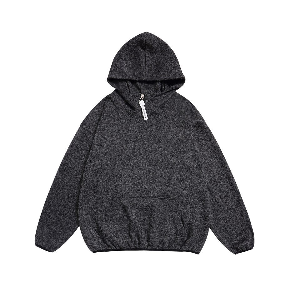 Dark charcoal heather hooded top, flat front view, with neck zipper pull, kangaroo pocket and gathered cuffs