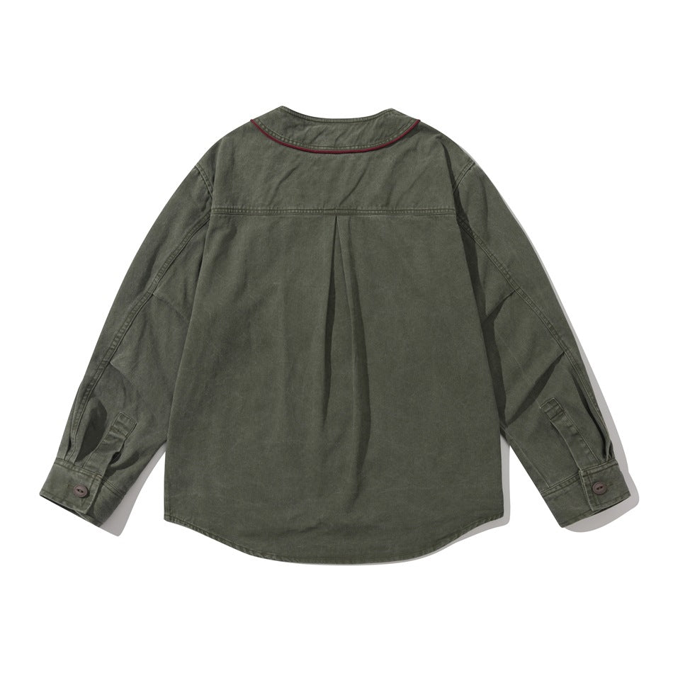 Back view of an olive green long-sleeve shirt with burgundy piping around the collar and a center back pleat.