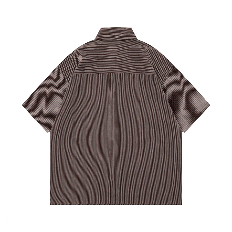 Back view of a dark brown short-sleeve shirt with fine vertical stripes and a horizontal yoke.