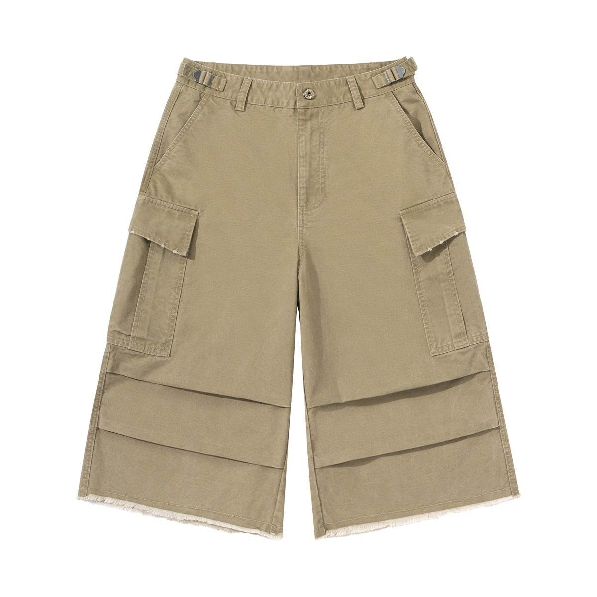 Khaki wide-leg cargo shorts with flap pockets, lower-leg pleats and a frayed hem, flat front view
