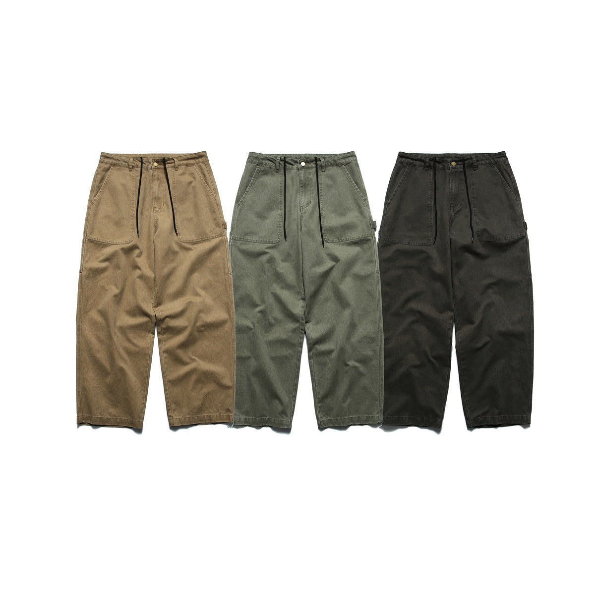 Three pairs of wide-leg utility pants shown from the front in tan, muted green, and charcoal.