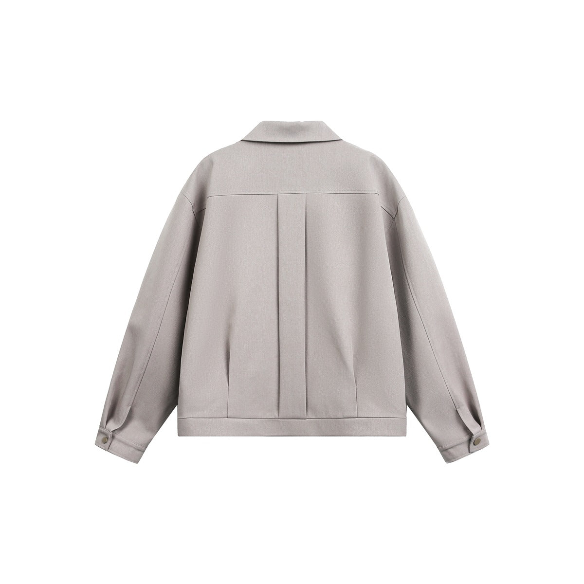 Back view of a light taupe jacket with a pointed collar, center pleat and buttoned cuffs.