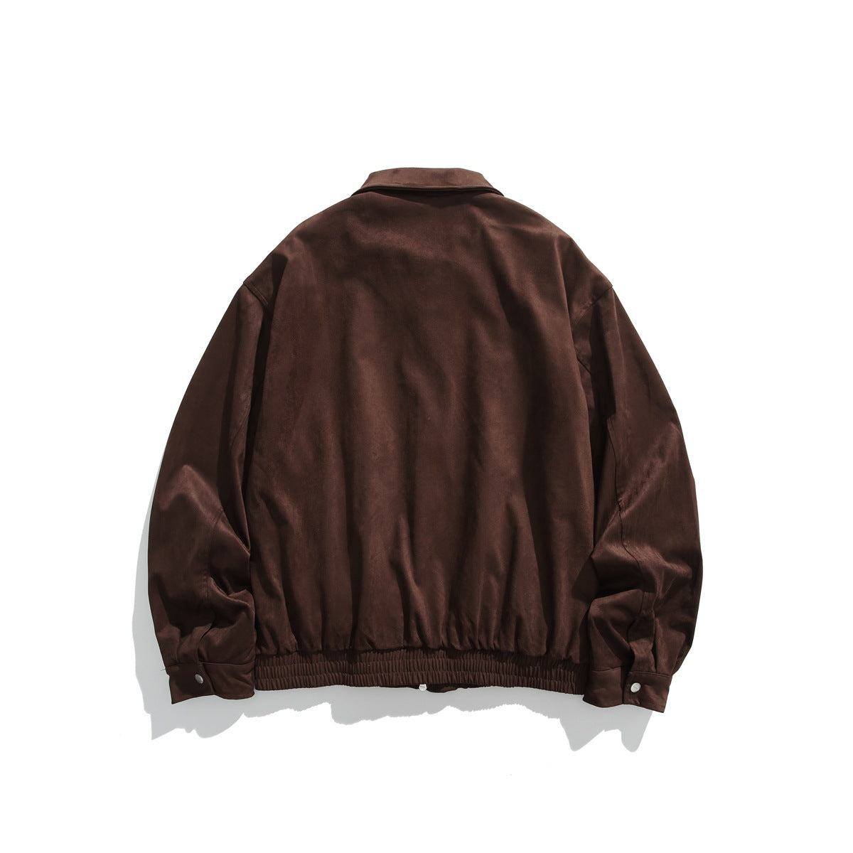 Back view of a dark brown jacket with a pointed collar, gathered hem, and buttoned cuffs.