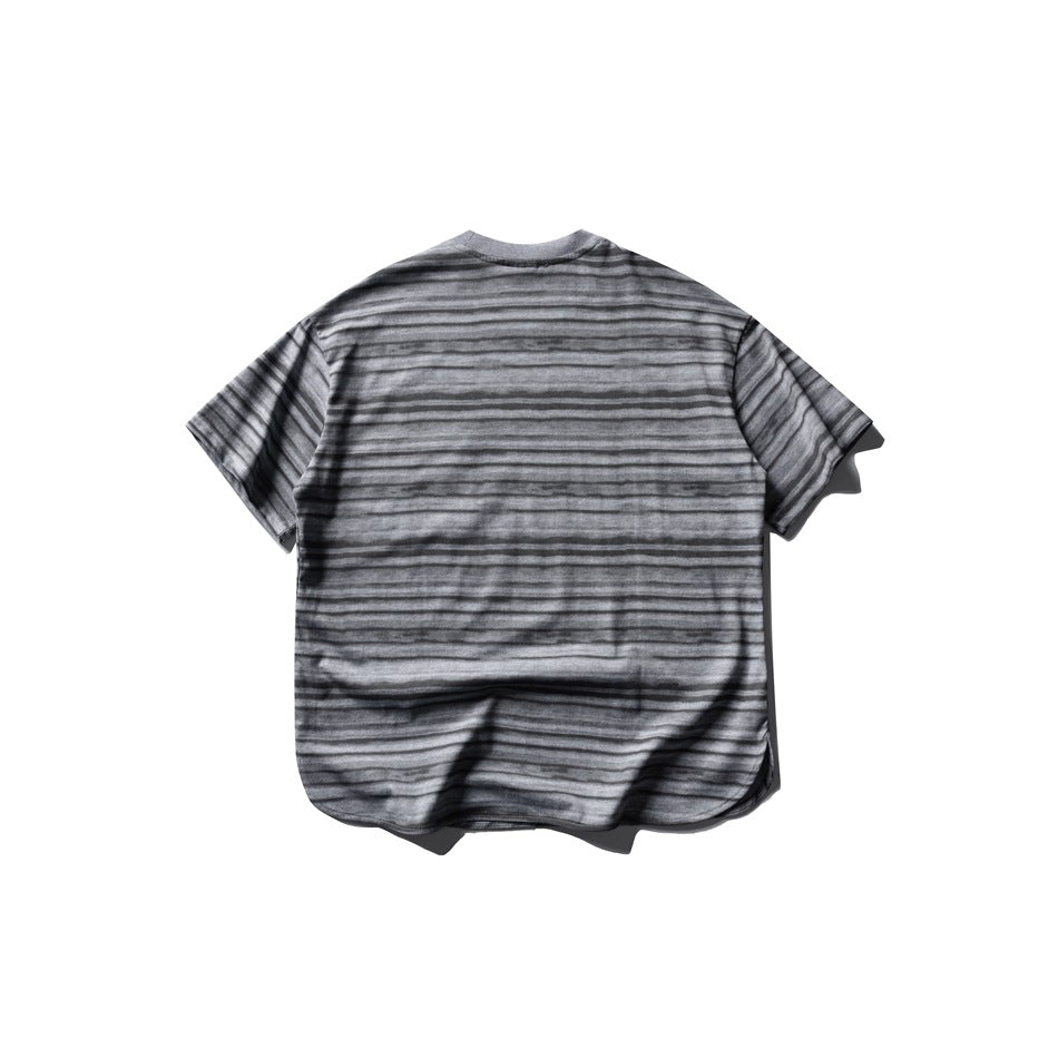 Back view of a gray striped short-sleeve T-shirt with a rounded hem.