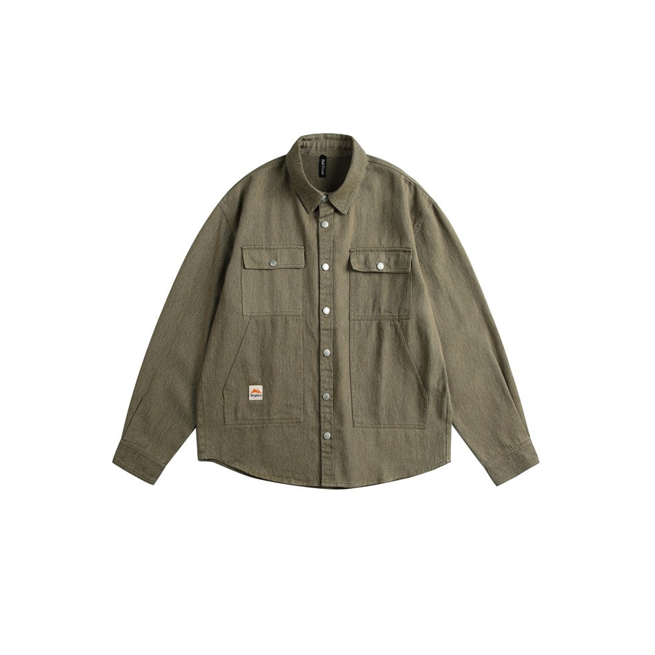 Olive khaki long-sleeve button-front shirt with flap chest pockets and large lower pockets, flat lay front view