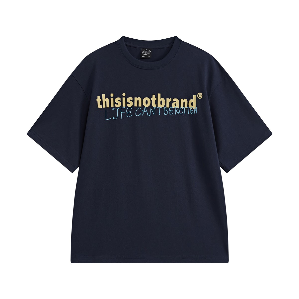 Front view of a navy short-sleeve T-shirt with beige and light blue chest lettering.