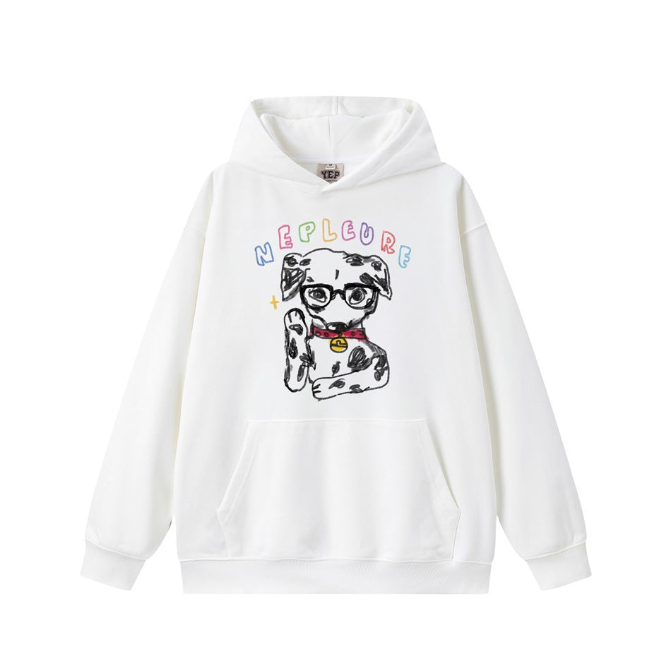 White pullover hoodie with front pocket and a colorful dog graphic wearing glasses under rainbow lettering
