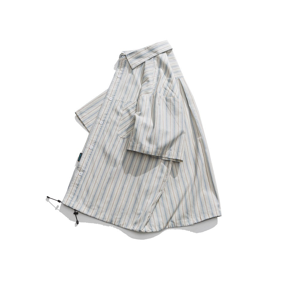 Cream button-front shirt with fine blue and brown stripes, a chest pocket, and a pointed collar, arranged flat.