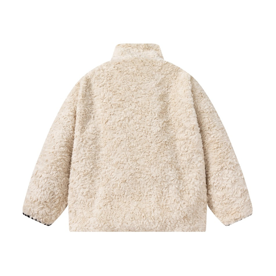 Back view of an ivory plush coat with a high collar and long sleeves, laid flat on a white background.