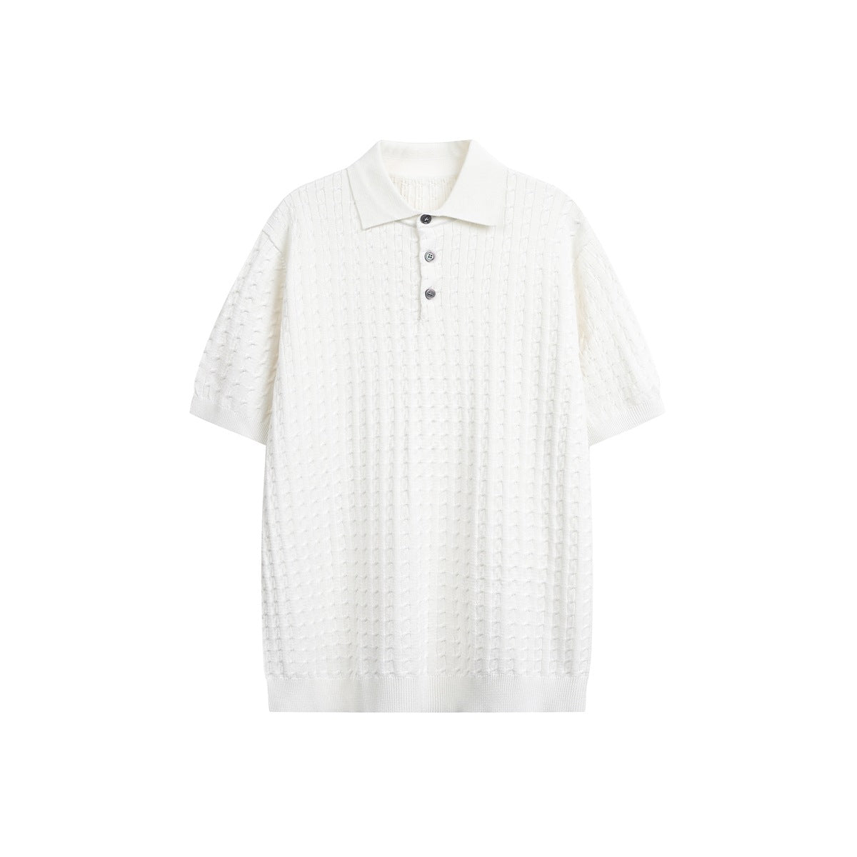 Off-white short-sleeve knit polo with cable-style texture, collar and three buttons, flat lay front view