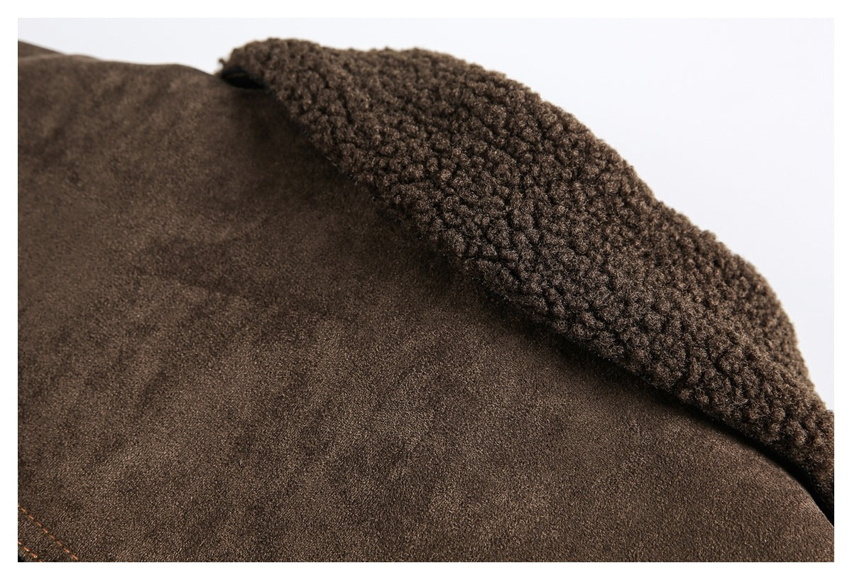 Close-up of a brown jacket panel beside thick, curly dark brown lining.