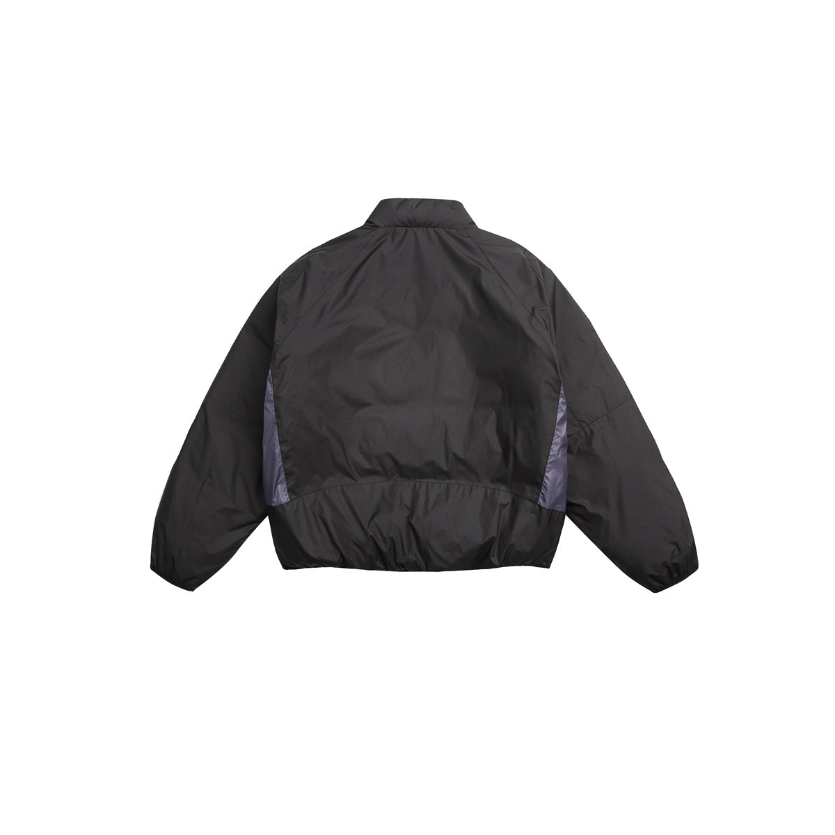Back view of a black jacket with subtle purple side inserts, shown against a white background.