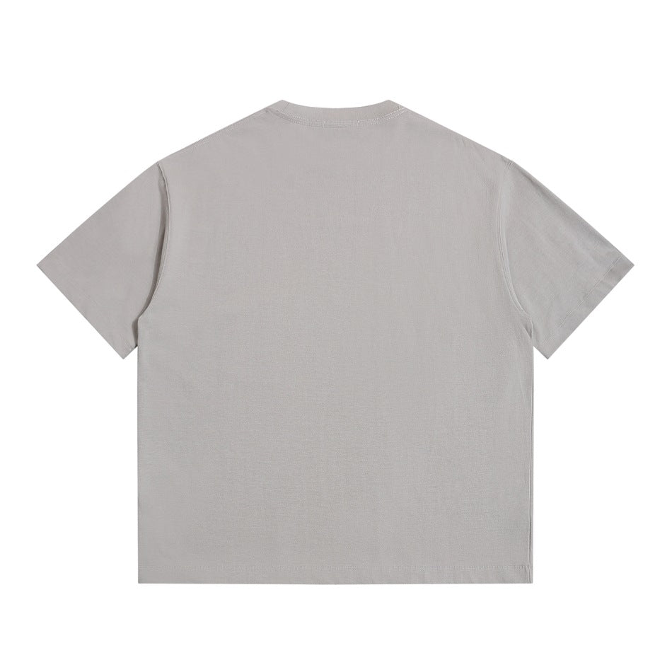Plain light gray short-sleeve crew-neck T-shirt shown from the back.