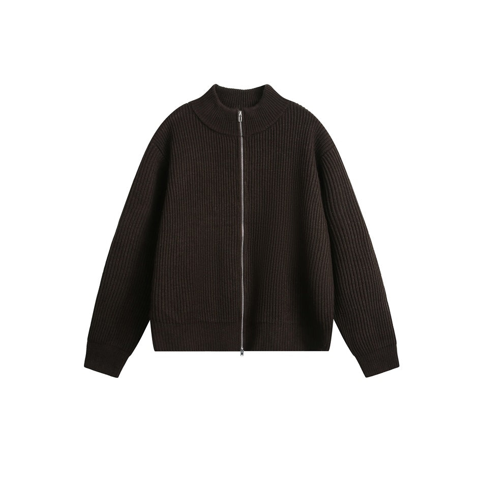 Dark brown chunky rib-knit zip-front sweater with stand collar, flat lay front view