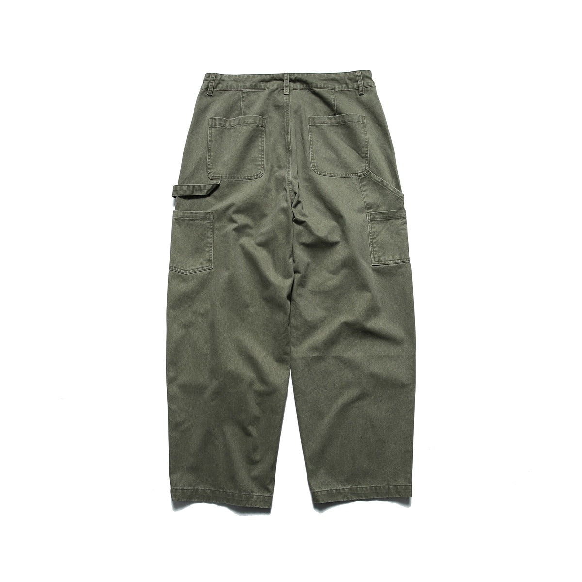 Army green wide-leg work pants flat lay, back view with patch pockets, hammer loop and side pocket
