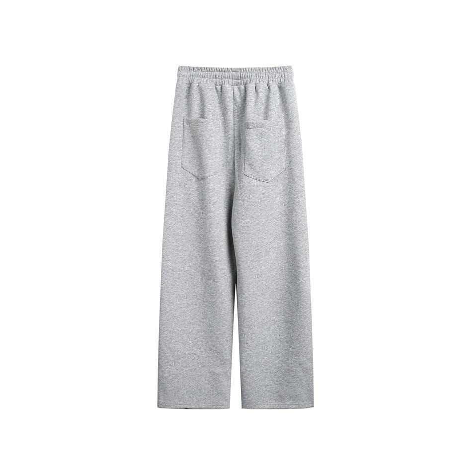 Back view of heather gray wide-leg pants with an elastic waistband and two patch pockets.