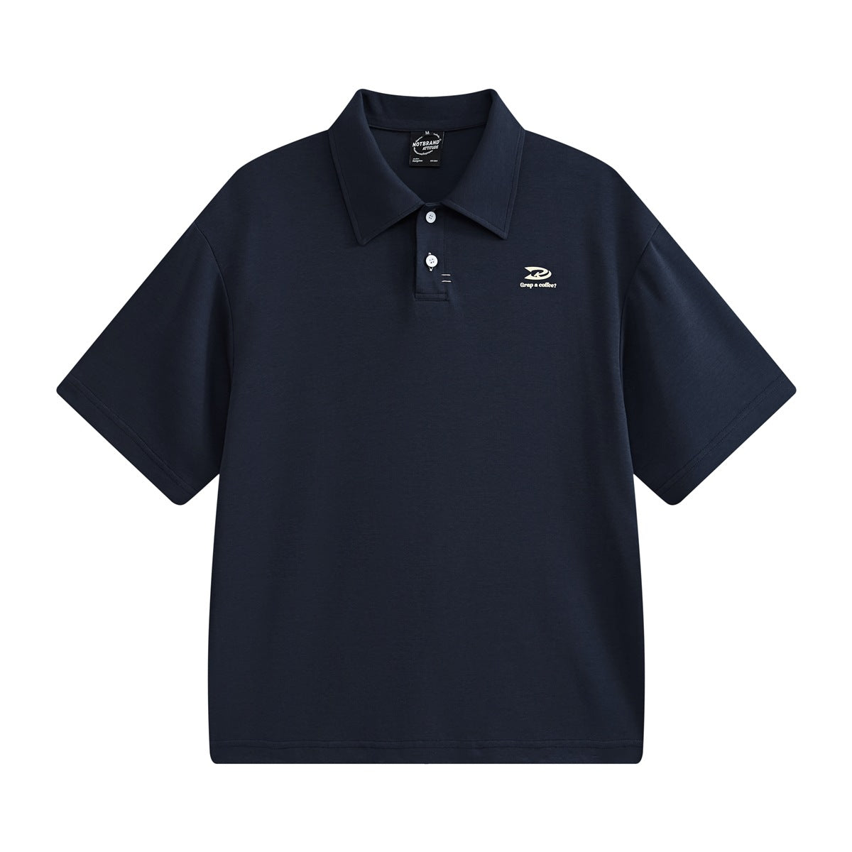 Navy blue short-sleeve polo shirt flat lay, front view, with two buttons and a small cream chest logo