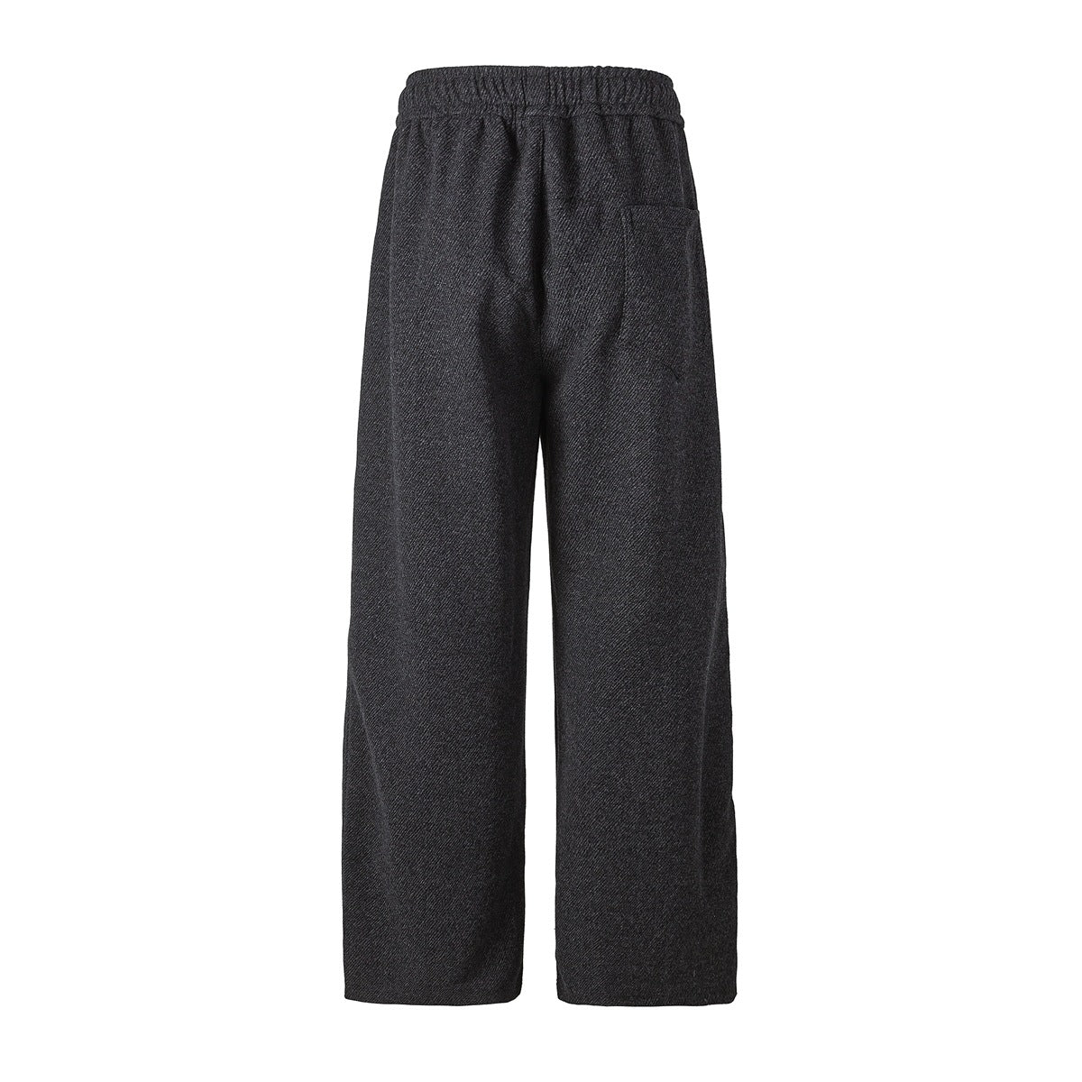 Dark gray wide-leg pants back view showing elastic waistband and a patch pocket on the right side