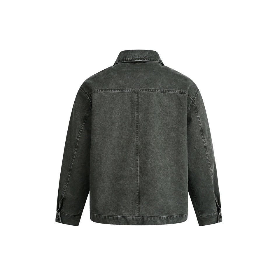 Back view of a charcoal washed jacket with a pointed collar, long sleeves, and a center back seam.