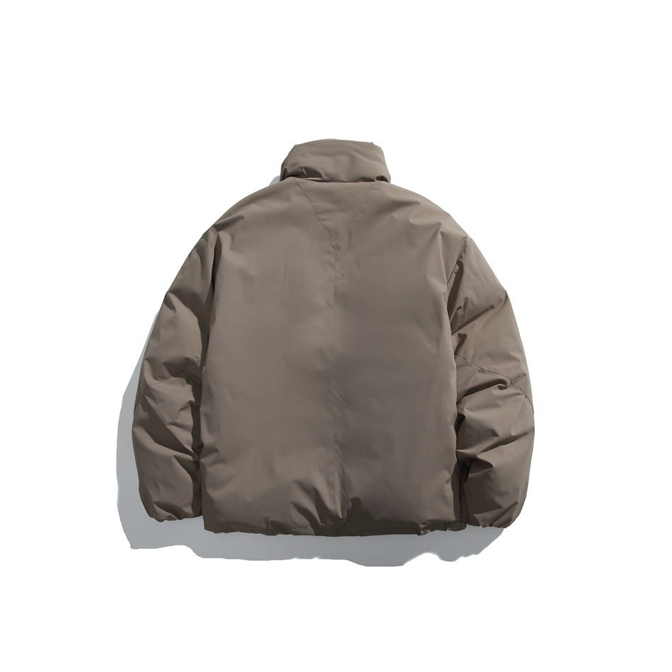 Back view of a taupe-gray padded jacket with a high collar and a plain panel with center seam.