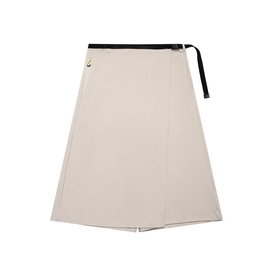 Light gray wrap-front A-line midi skirt with black webbing belt, buckle and zippered hip pocket, flat lay on white