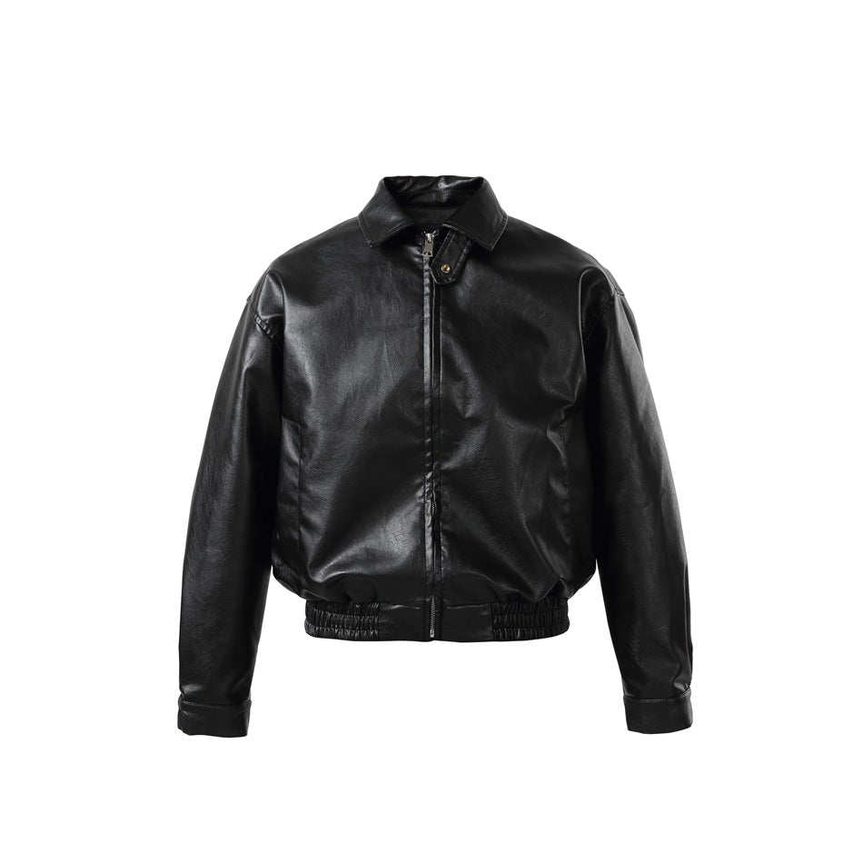 Black glossy faux-leather zip-front jacket with pointed collar, elastic hem and cuffs, flat front view