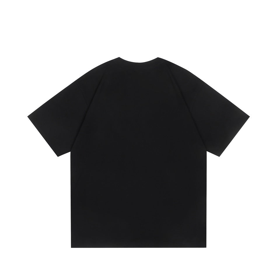 Back view of a plain black short-sleeve crew-neck T-shirt with no print