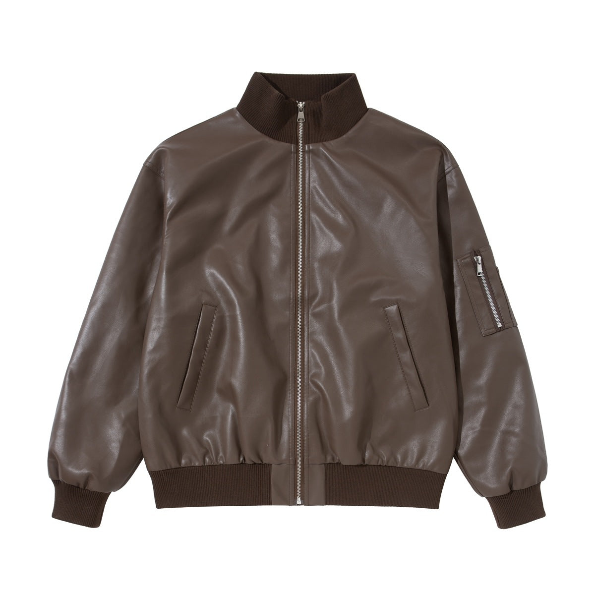 Brown faux-leather zip-front bomber jacket with ribbed collar, cuffs and hem, flat lay front view