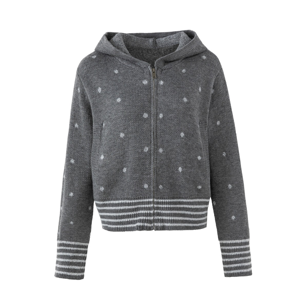 Gray knit zip-up hooded jacket with light polka dots and striped ribbed hem and cuffs, flat front view