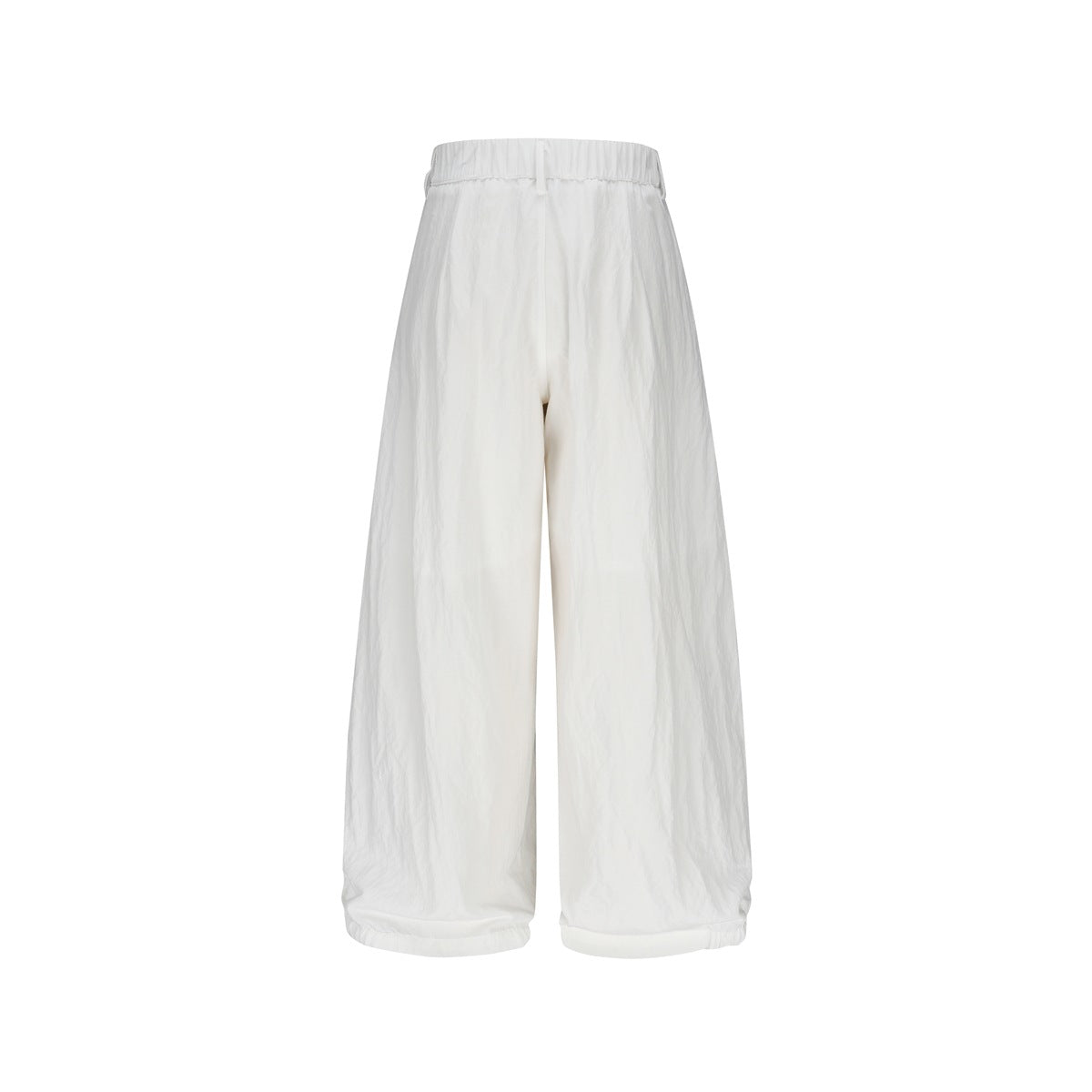 White wide-leg pants, back view, with elastic waistband and gathered ankle hems
