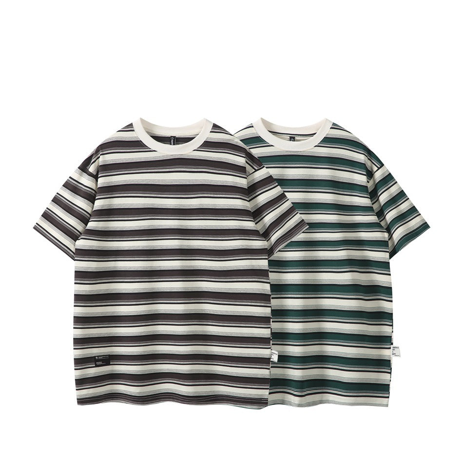 Two short-sleeve crew-neck striped T-shirts shown from the front: brown and ivory, and dark green and ivory.