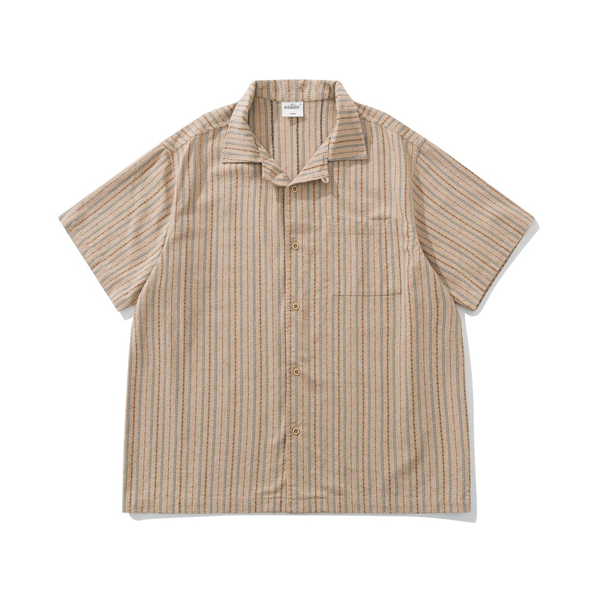 Tan striped short-sleeve camp collar shirt with chest pocket and button front, flat lay