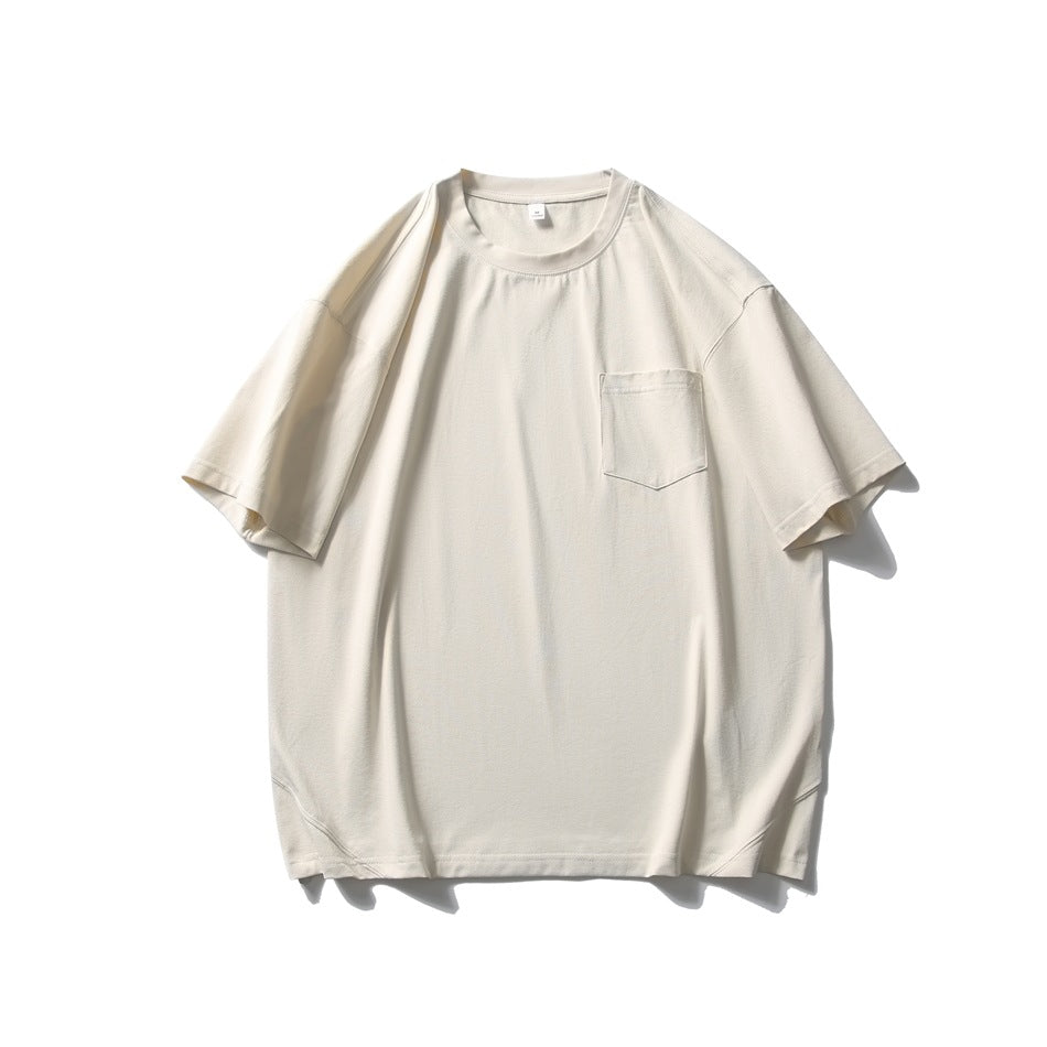 Sand beige short-sleeve crew neck T-shirt with chest pocket, flat lay front view