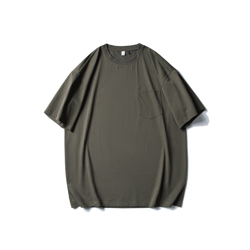 Army green short-sleeve crew neck T-shirt with chest pocket, flat lay front view