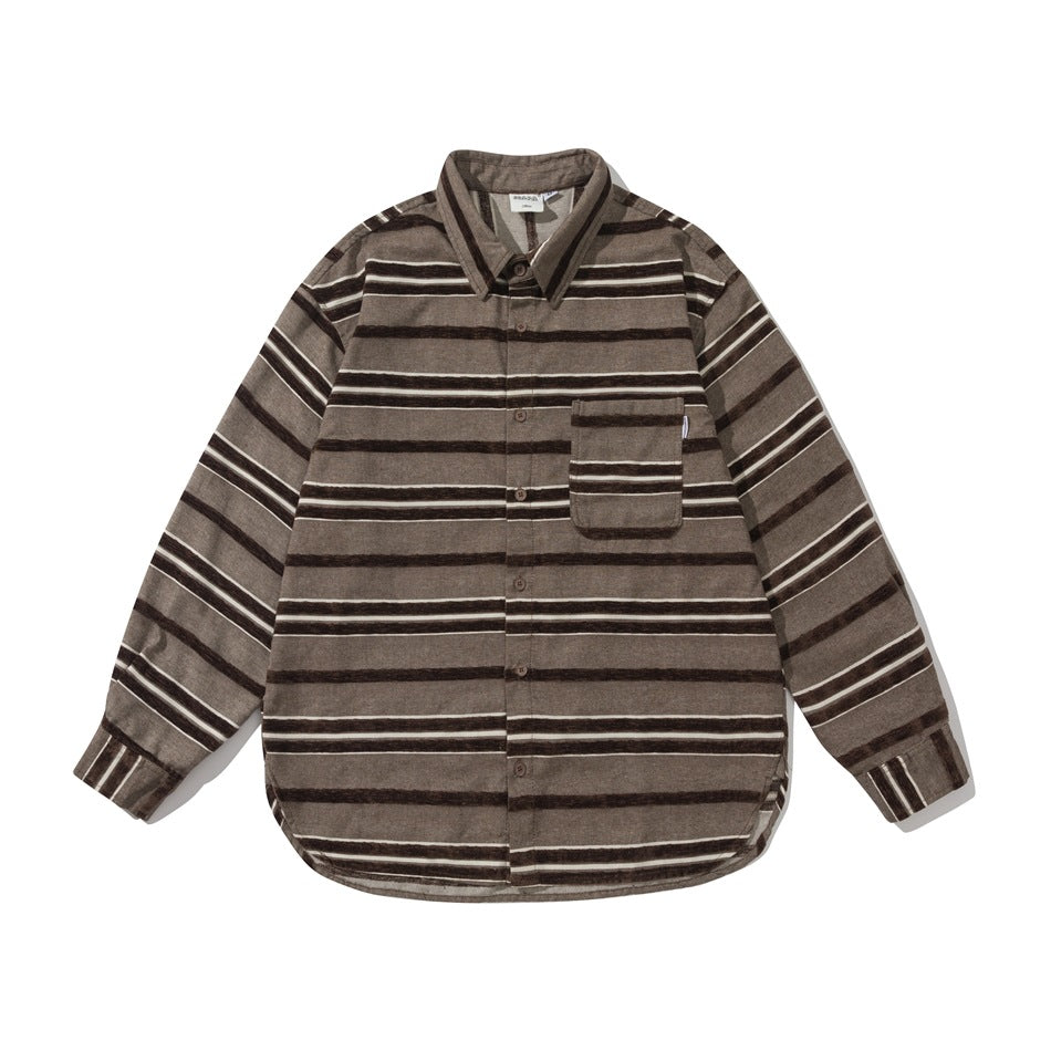 Coffee brown striped long-sleeve button-up shirt with chest pocket, flat lay front view