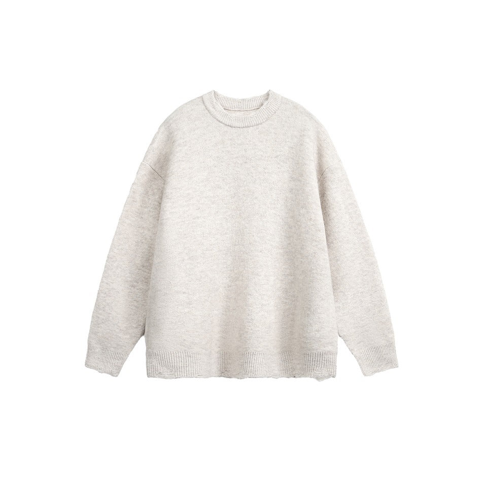 Light heather apricot crew-neck knit sweater with drop shoulders and frayed hem, flat front view