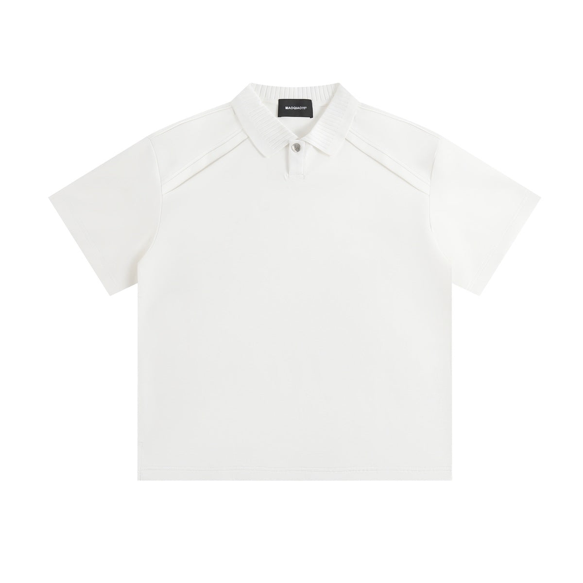 White short-sleeve polo top with ribbed knit collar, single button placket and raglan-style shoulder seams, flat front view