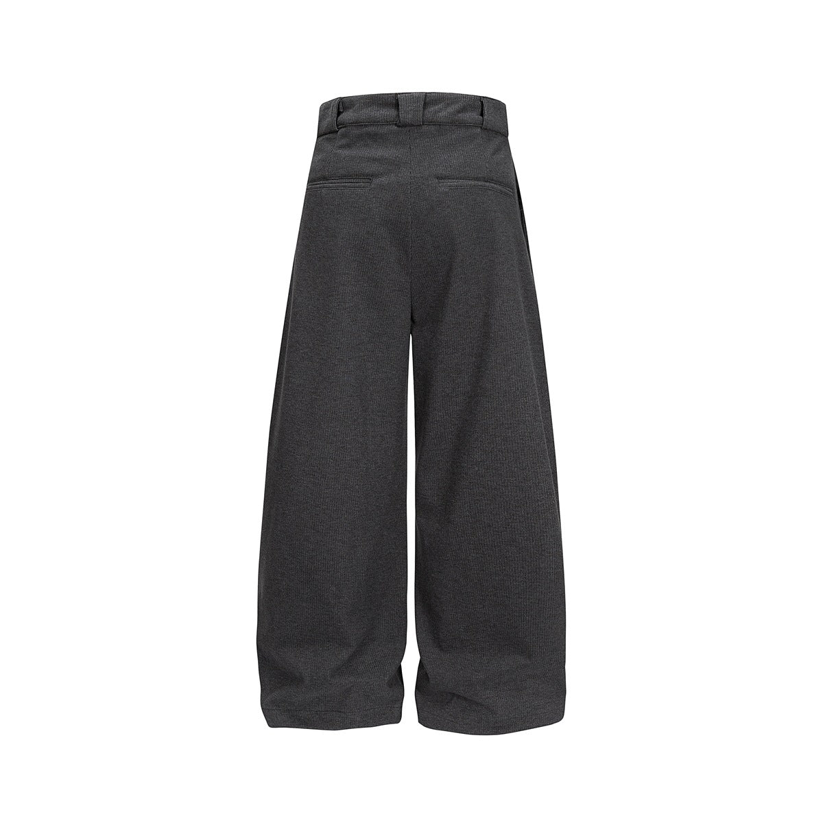 Back view of charcoal gray wide-leg trousers with a waistband and two welt pockets.