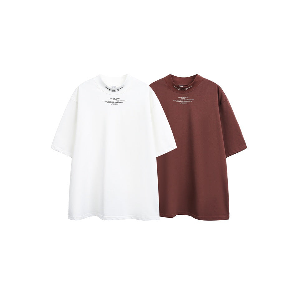 White and burgundy short-sleeve crew-neck T-shirts shown side by side, each with small text near the collar.