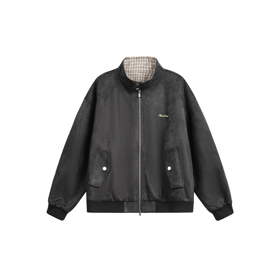 Black stand-collar zip jacket with beige plaid collar lining, gold embroidered logo and snap flap pockets, flat front