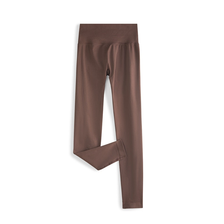 Coffee brown high-waisted ankle-length leggings laid flat with one leg folded