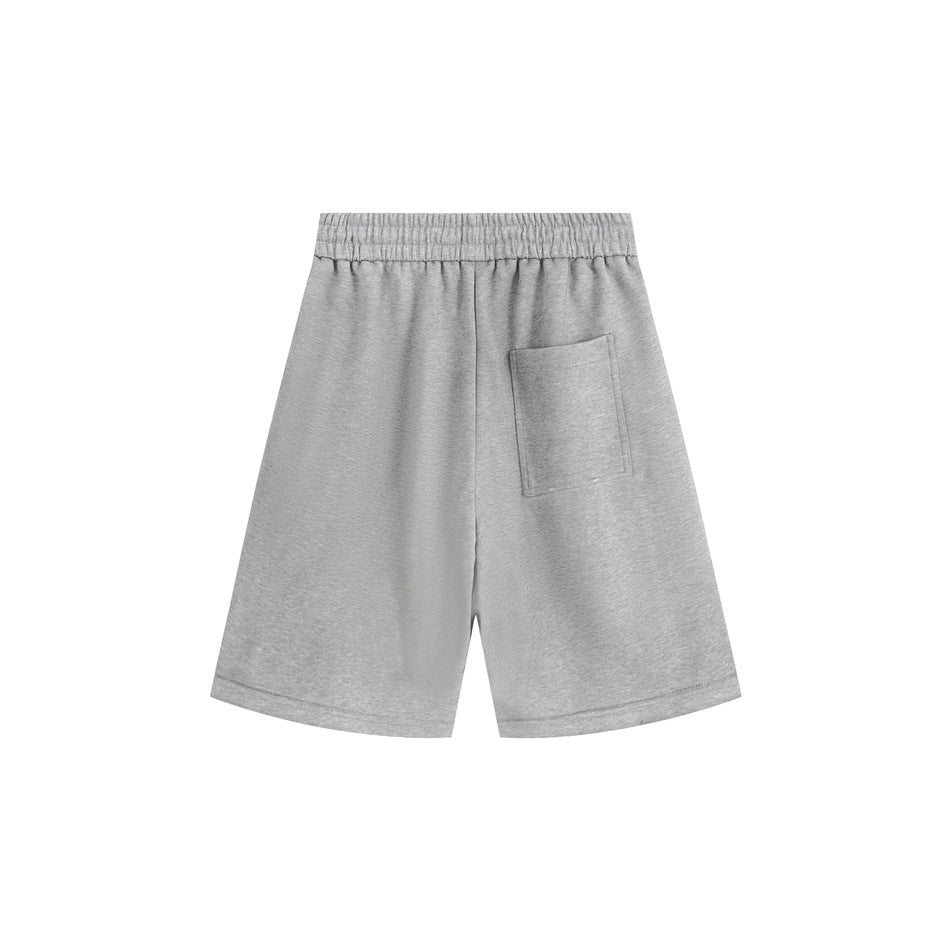 Gray knee-length shorts, back view, with elastic waistband and a single patch pocket