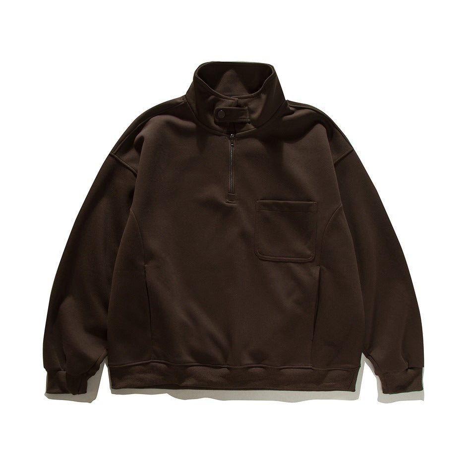 Coffee brown half-zip stand-collar sweatshirt flat lay with chest pocket and ribbed cuffs and hem