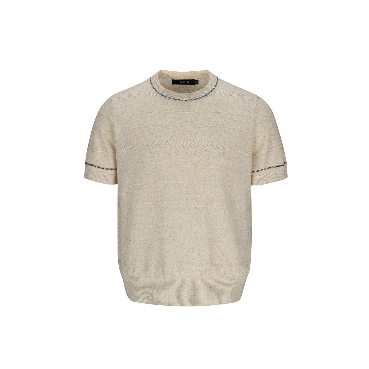 Speckled khaki short-sleeve knit top with dark contrast stitching at neckline and sleeves, flat front view